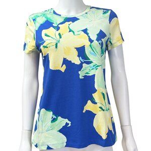 CHICOS T-Shirt Womens S Blue Yellow Floral Cotton Stretch Top Short Sleeve
